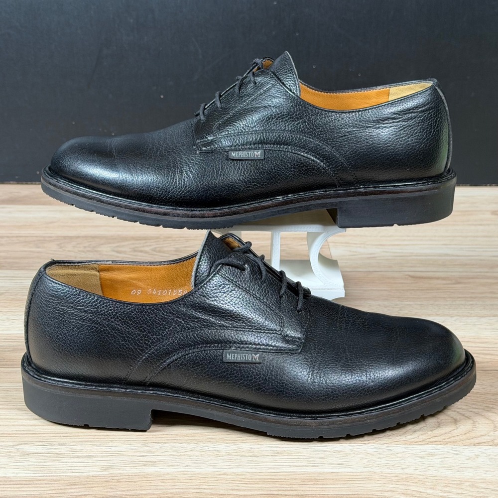 Mephisto Derby Shoes Mens 9.5 Black Leather Plain Round Toe Goodyear Welt Preppy